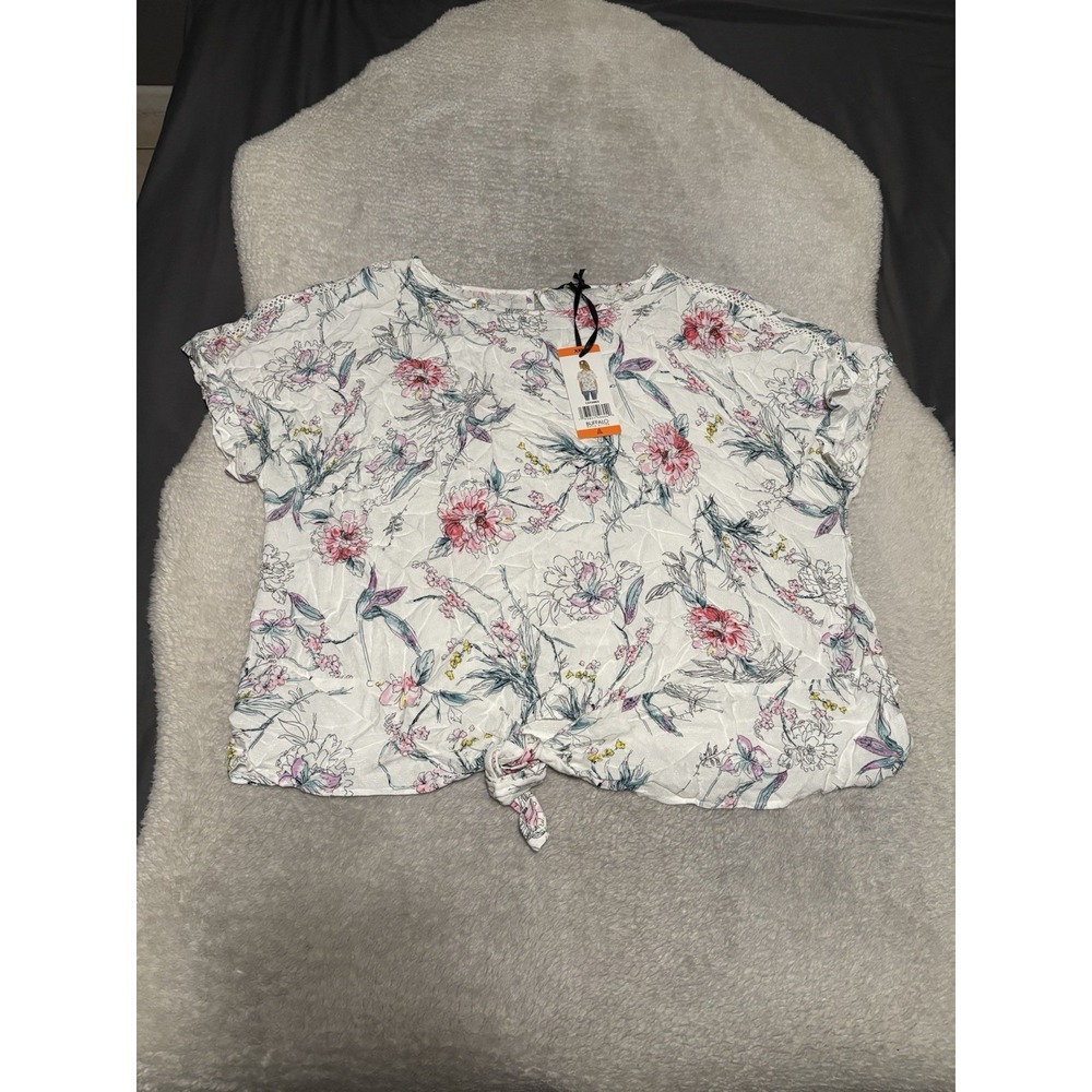 Buffalo David Bitton Womens Tie Front Top Blouse XXL White Floral New NWT Boho